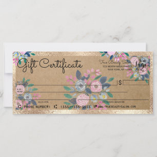 Carte Pink Blue Floral Gold Kraft chèque cadeau certific