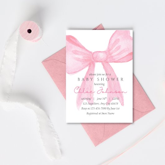 Carte Pink Bow Baby Shower Invitation–Editable Template