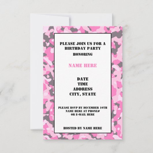 Carte Pink Camouflaged Birthday Party Invitation C (Devant)