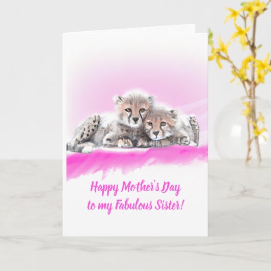 Carte Pink Cheetah Cubs Fabuleux Fête des Mères Soeurs (Fleur jaune)