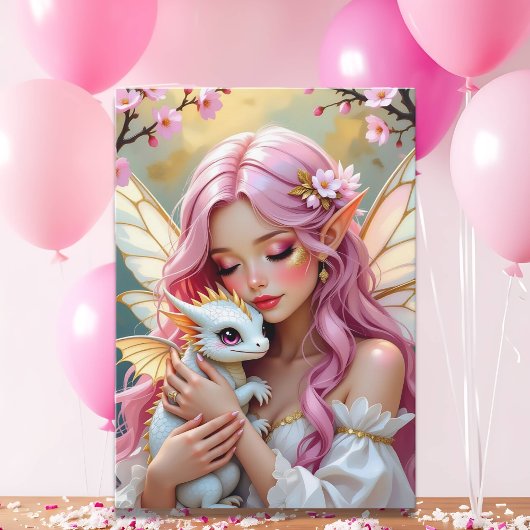 Carte Pink Elven Fairy & White Dragon | Happy Birthday