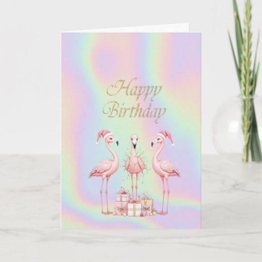 Carte  Pink Flamingos Santa Hat Holographic Birthday  (Devant)