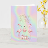 Carte  Pink Flamingos Santa Hat Holographic Birthday  (Fleur jaune)
