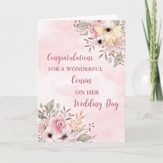 Carte Pink Floral Cousin Mariage Jour Félicitations (Devant)