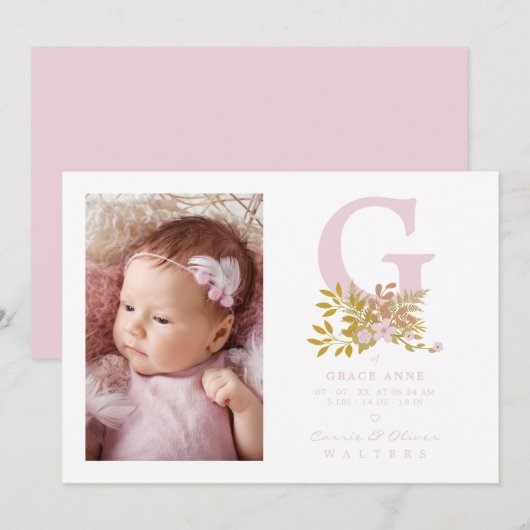 Carte Pink Floral Garland Initial Baby Newborn Name (Devant / Derrière)