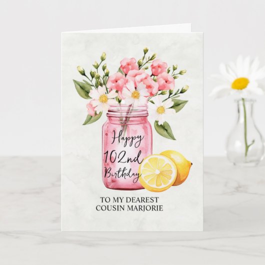 Carte Pink Floral Jar Cousin 102e anniversaire Salutatio (Petite plante)