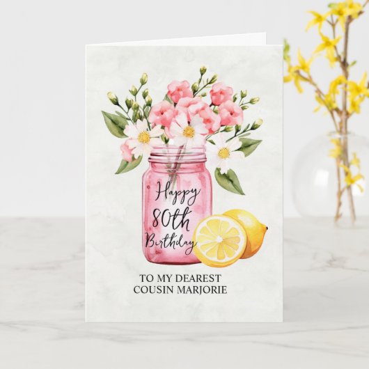 Carte Pink Floral Jar Cousin 80e anniversaire Salutation (Fleur jaune)