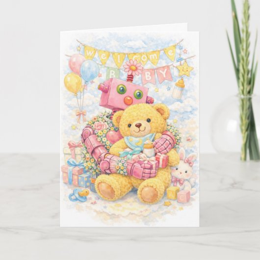Carte Pink Flower Robot & Teddy – Welcome Baby Shower (Devant)
