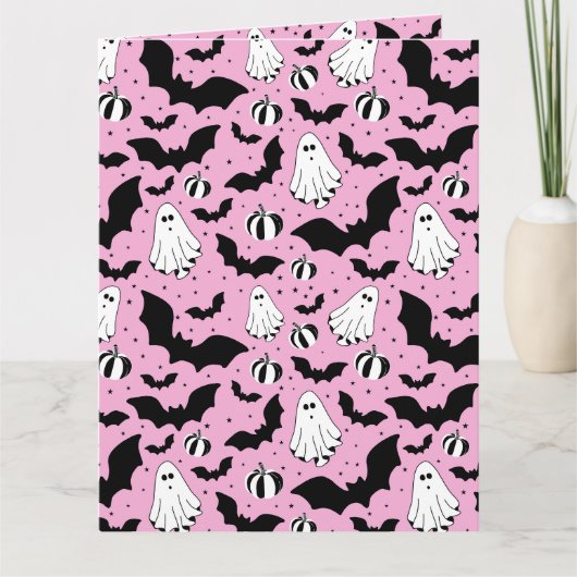 Carte Pink ghosts, bats and pumpkins (Devant)