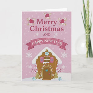 Carte Pink Gingerbread House Merry Christmas Card