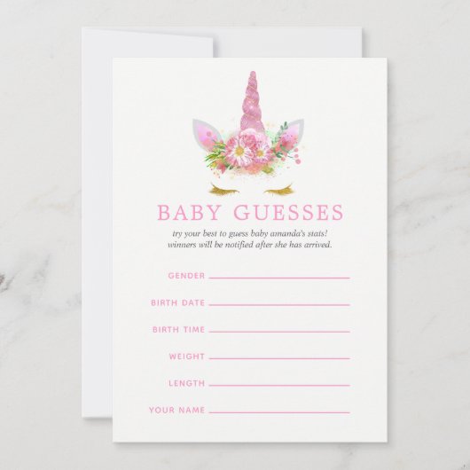 Carte Pink & Gold Floral Unicorn Girl Guesses Baby (Devant)