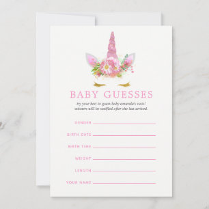 Carte Pink & Gold Floral Unicorn Girl Guesses Baby