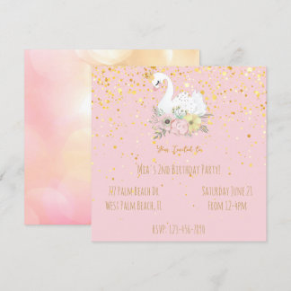 Carte Pink & Gold Swan Princess Girls Birthday party Inv