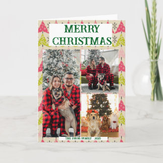 Carte Pink & green Christmas trees with snowflakes