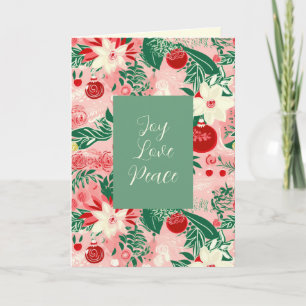 Carte Pink Green Floral Joy Loy Peace Christmas Card