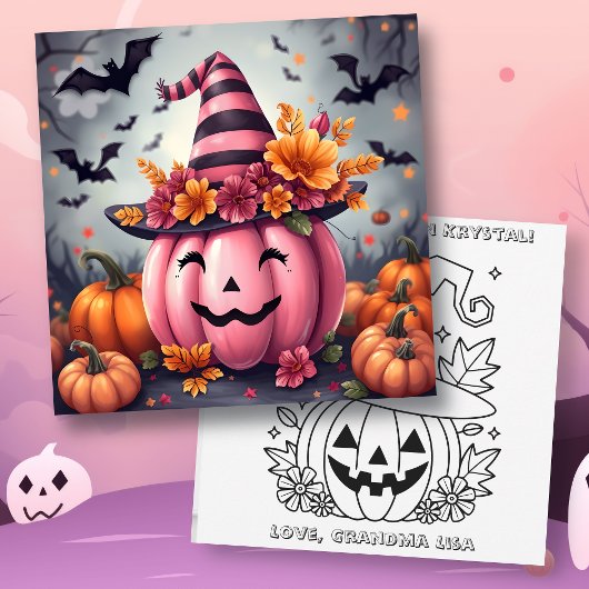Carte Pink Halloween Pumpkin & Coloring Page Personalize