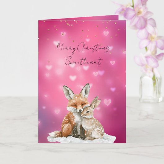 Carte Pink Hearts Fox Bunny Glitzy Sweetheart Christmas (Orchidée)