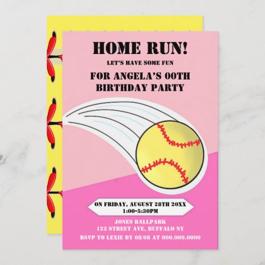 Carte Pink Home Run Softball Anniversaire (Devant / Derrière)