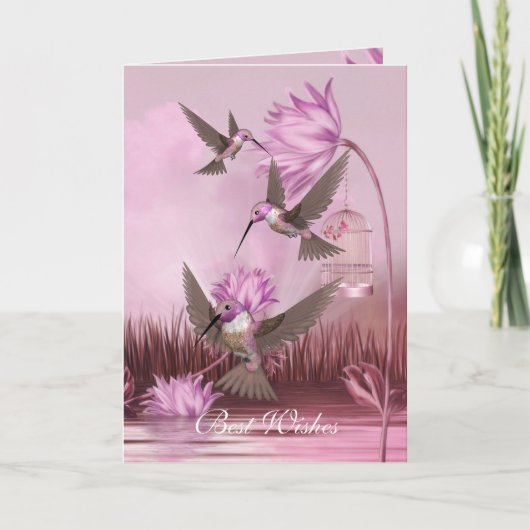 Carte Pink Hummingbirds Oiseaux Meilleurs Voeux An (Devant)