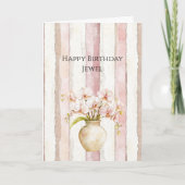 Carte Pink Ivory Cream Stripes Pink Orchids Birthday (Devant)