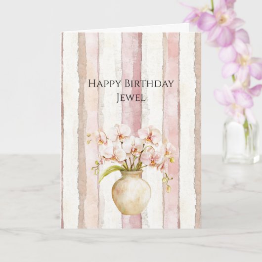 Carte Pink Ivory Cream Stripes Pink Orchids Birthday (Orchidée)