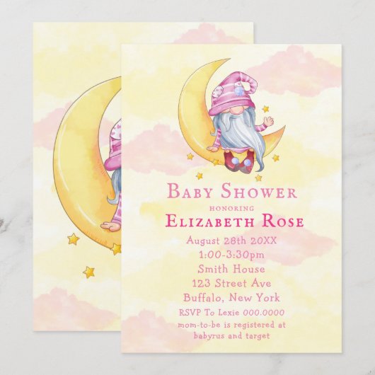Carte Pink mignonne Gnome Moon Nuage Baby Douche Invitat (Devant / Derrière)