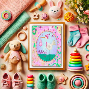 Carte Pink mignonne Stork Whimsical Oh Baby Girl