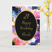 Carte Pink, Navy Blue et Gold Ink fête d'anniversaire (Fleur jaune)