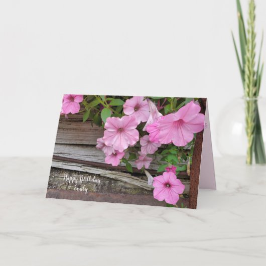 Carte Pink petunia on wood for birthday (Devant)