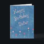 Carte Pink posies on Denim Sister Birthday<br><div class="desc">This is a cute card for a sister, with simple flower images which border the bottom of the front. The light pink stylistic text above says "Joyeux anniversaire". The flower images and text are placed on a medium blue background that looks like denim. The inside of the card has a...</div>