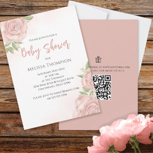 Carte Pink Pretty Botanical Baby Girl Rose QR Code
