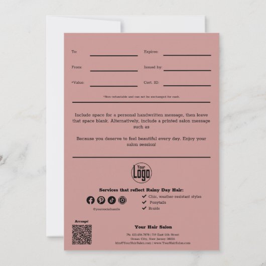 Carte Pink QR Code Services Note Certificat cadeau d'avr (Dos)