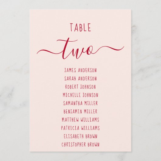 Carte Pink & Red Script Simple Modern Seating Chart Card (Dos)