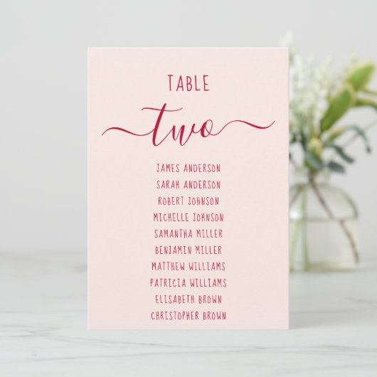 Carte Pink & Red Script Simple Modern Seating Chart Card (Debout devant)