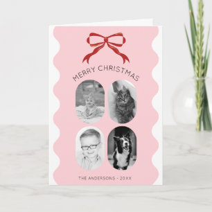 Carte Pink Scalloped Red Bow Christmas Photo Collage