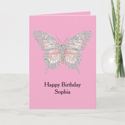 Carte Pink Silver Butterfly Birthday (Devant)
