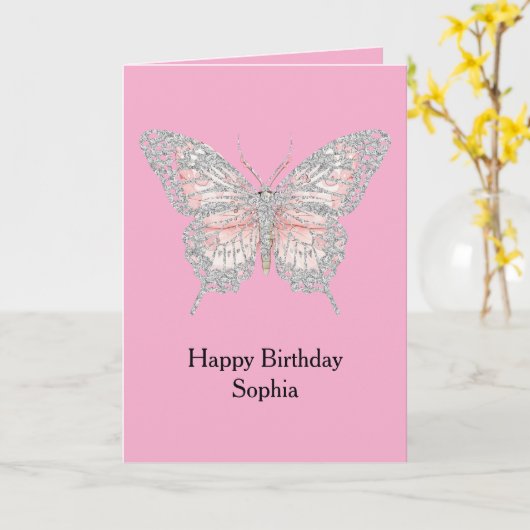 Carte Pink Silver Butterfly Birthday (Fleur jaune)