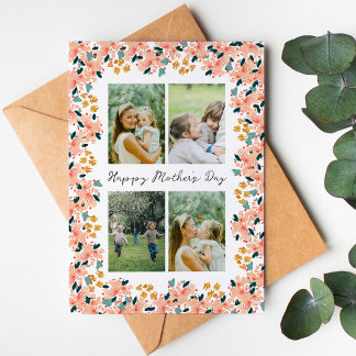 Carte Pink Watercolor Floral Garden 4 Photo Mother's Day