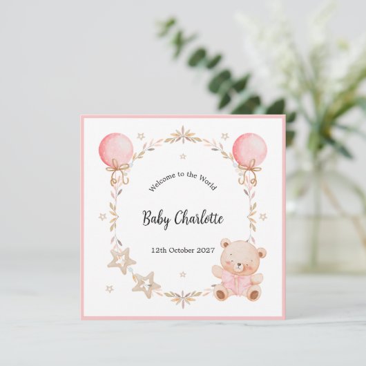 Carte Pink Welcome Baby Floral Frame Teddy Bear Card (Debout devant)