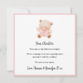 Carte Pink Welcome Baby Floral Frame Teddy Bear Card (Dos)