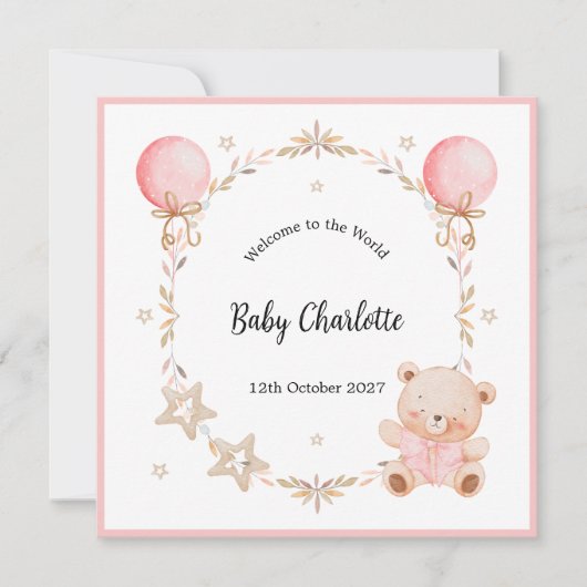 Carte Pink Welcome Baby Floral Frame Teddy Bear Card (Devant)