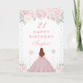 Carte Pink Winter Brown cheveux Princesse Anniversaire (Devant)