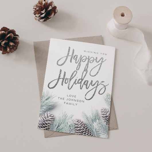 Carte Pins de neige et feuilles Joyeuses vacances