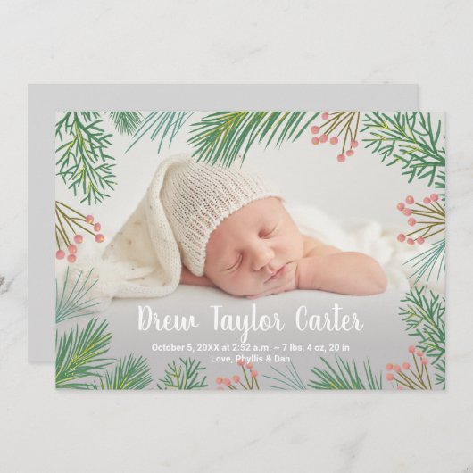 Carte Pins Noël Bébé Photo Annonces de naissance (Devant / Derrière)