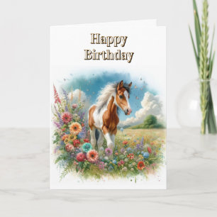 Carte Pinto Horse Foal et Fleurs sauvages Joyeux anniver