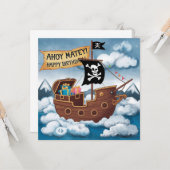 Carte Pirate Ship Birthday Card - Ahoy Matey! (Devant/Arrière en situation)