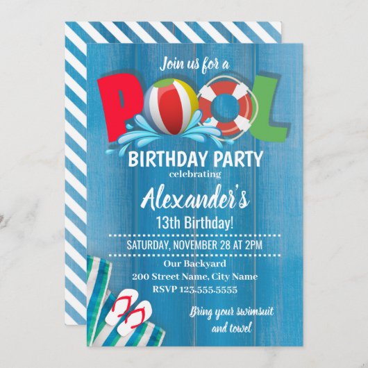 Carte Piscine fête d'anniversaire (Devant / Derrière)