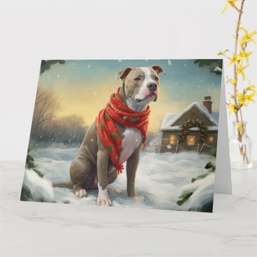Carte Pitbull Chien dans Noël de neige (Fleur jaune)