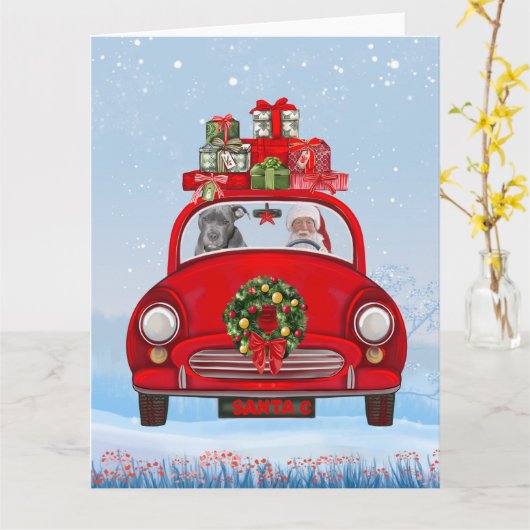 Carte Pitbull Chien En Voiture Avec Le Père Noël (Fleur jaune)
