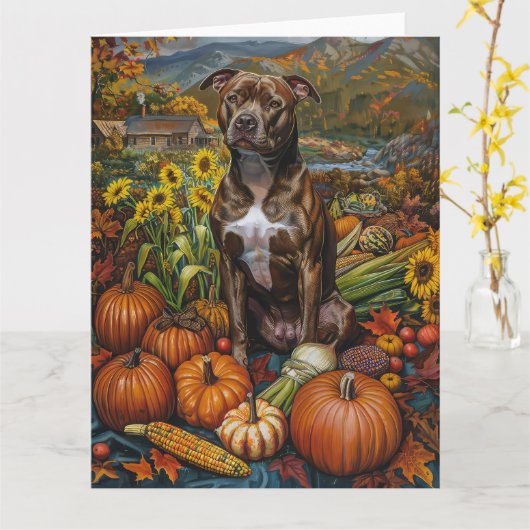 Carte Pitbull Chien Moisson Automne Thanksgiving (Fleur jaune)